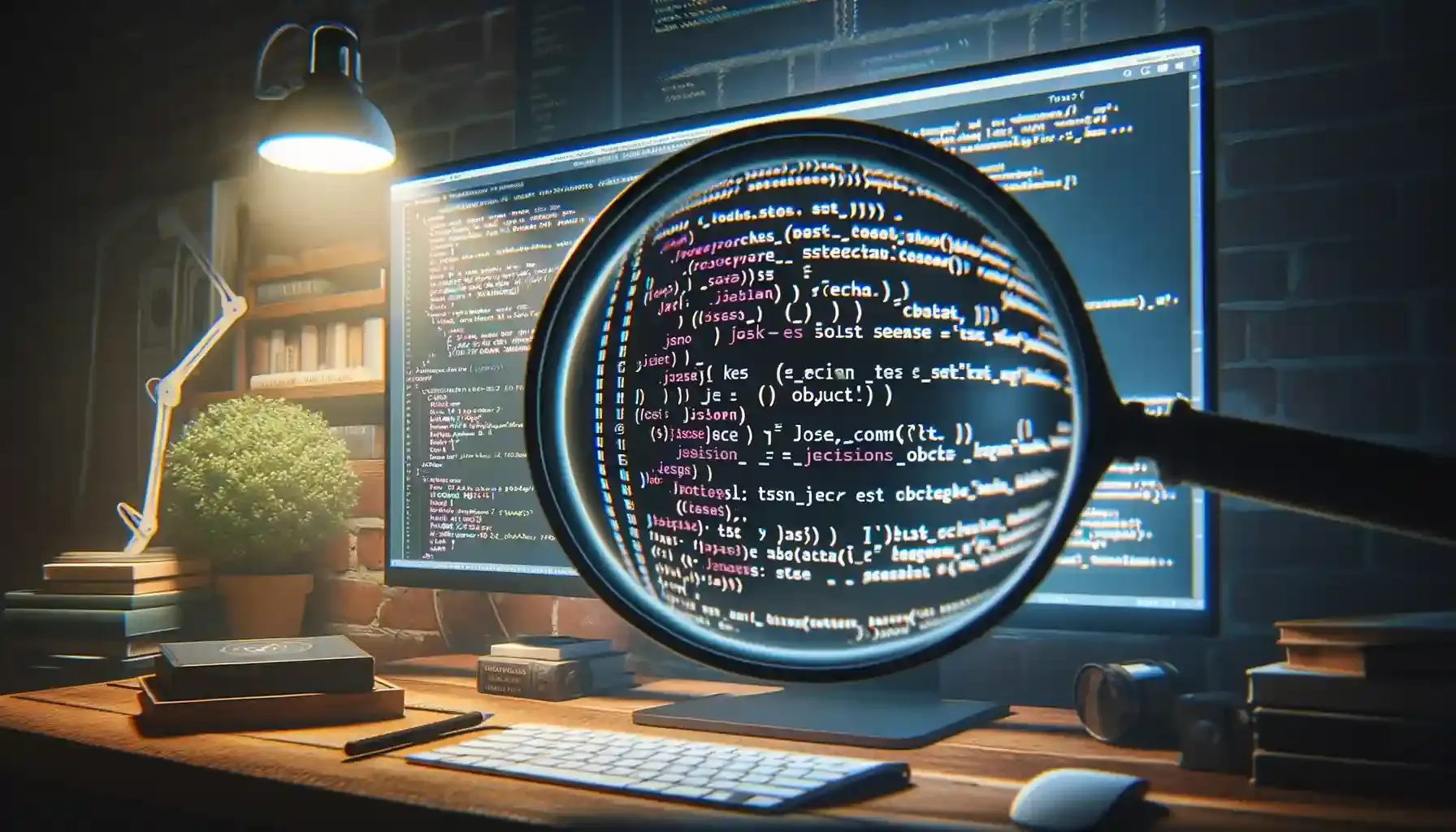 DALL·E 3 generated image of screen with code on the left side and a magnifying glass on the other looking at the code